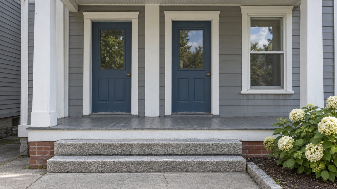 Gray clapboard facade with two blue entry doors, white trim, a sash window, and worn granite porch steps beside a hydrangea.