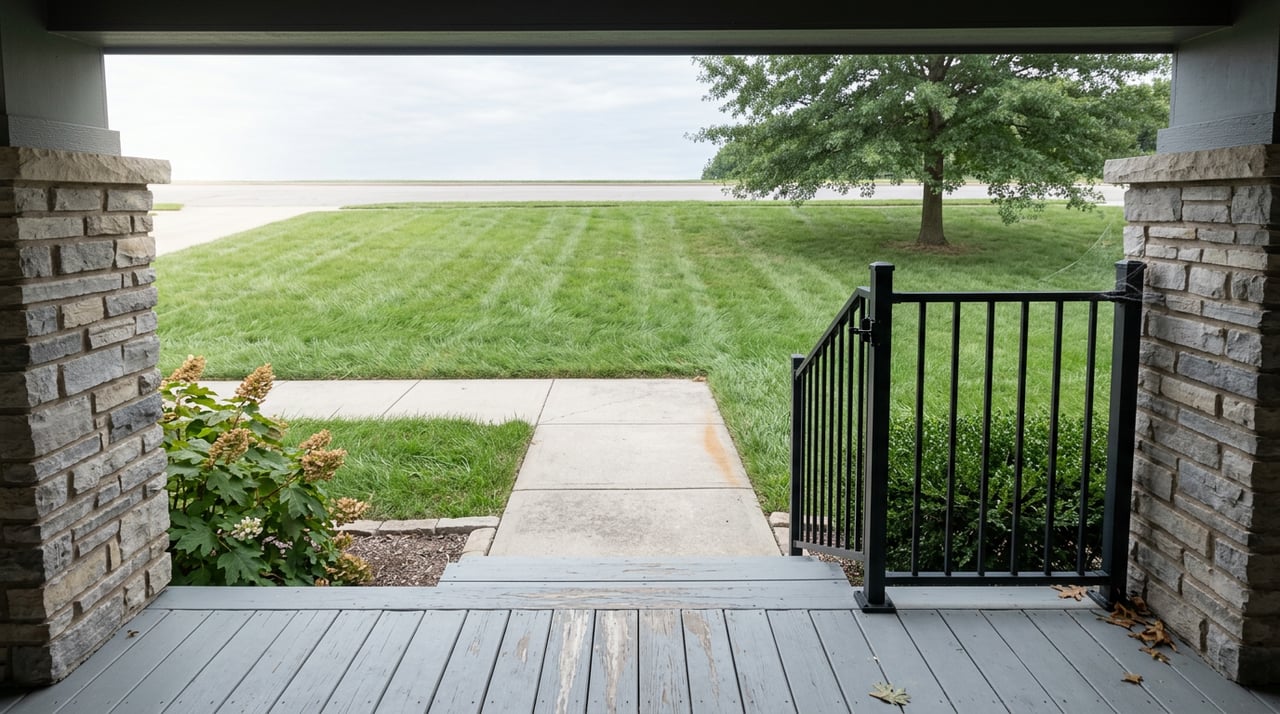 View from a stone-piered porch across a concrete walk and striped lawn to a mature oak tree.