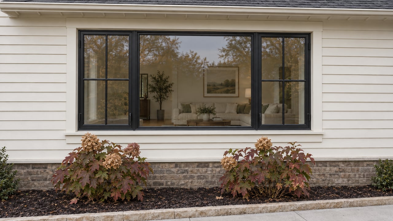 Cream clapboard facade with a black three-part window above weathered brick and burgundy oakleaf hydrangeas.