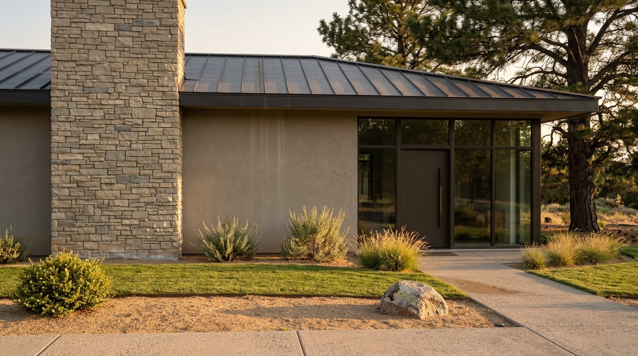 Contemporary home with a stone chimney, dark metal roof, broad glass entry, and high-desert landscaping.