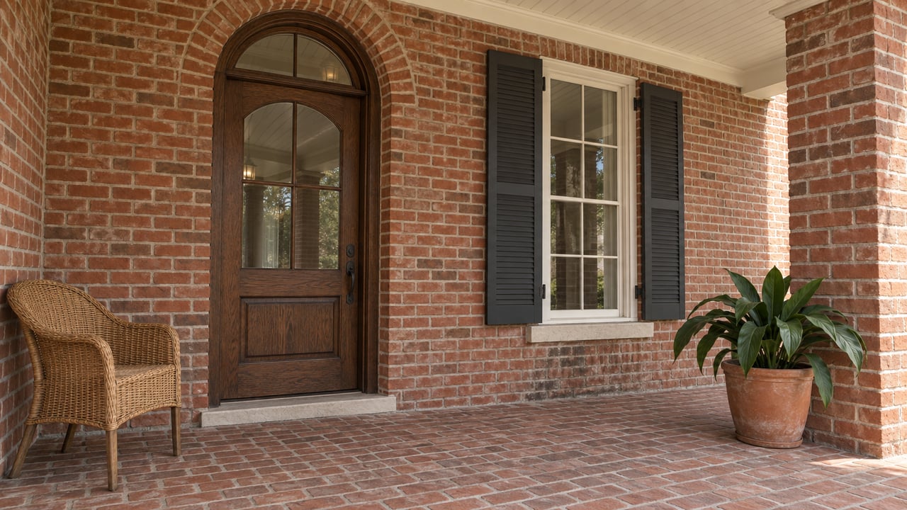 Red-brick covered porch with an arched oak entry door, a shuttered window, a cane chair, and a cast-iron plant in a terracotta pot.