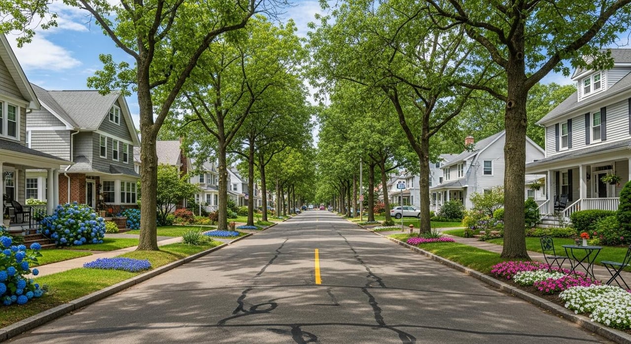 Quiet tree-lined suburban street with single-family homes and landscaped yards in a New Jersey neighborhood
