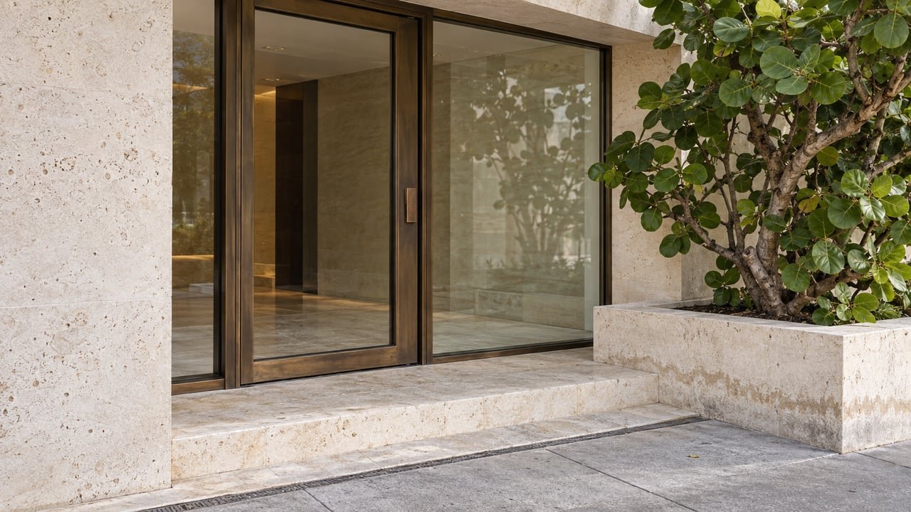 Closed bronze-framed glass entry door beside a limestone pier and a leafy tree in a recessed planter.