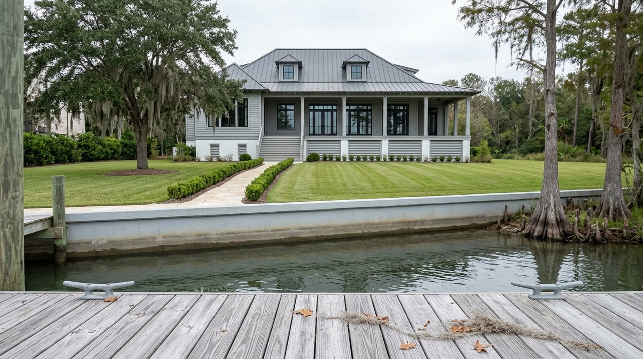 Raised coastal home beyond a broad lawn, with weathered dock, bulkhead, and moss-draped live oak.