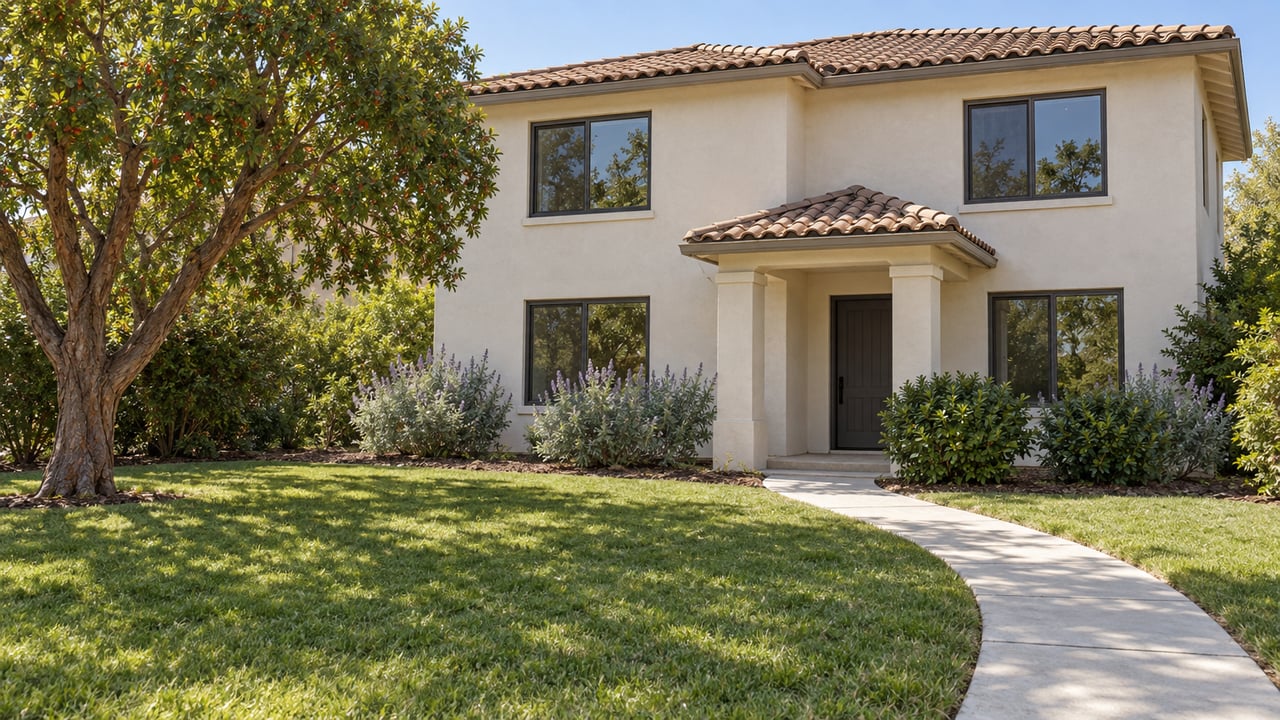Sunlit two-story stucco home with a clay-tile roof, deep front lawn, curved concrete walk, and a sculptural strawberry tree.