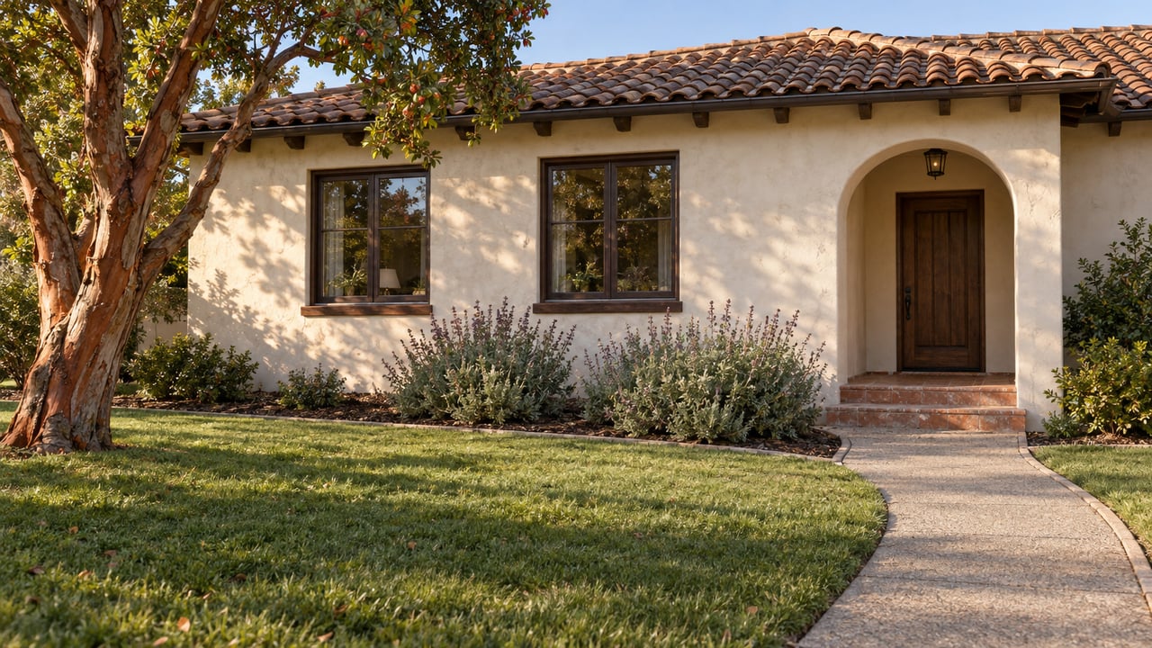 Cream-stucco home with a clay-tile roof, arched wooden entry and a landscaped front garden in afternoon light.