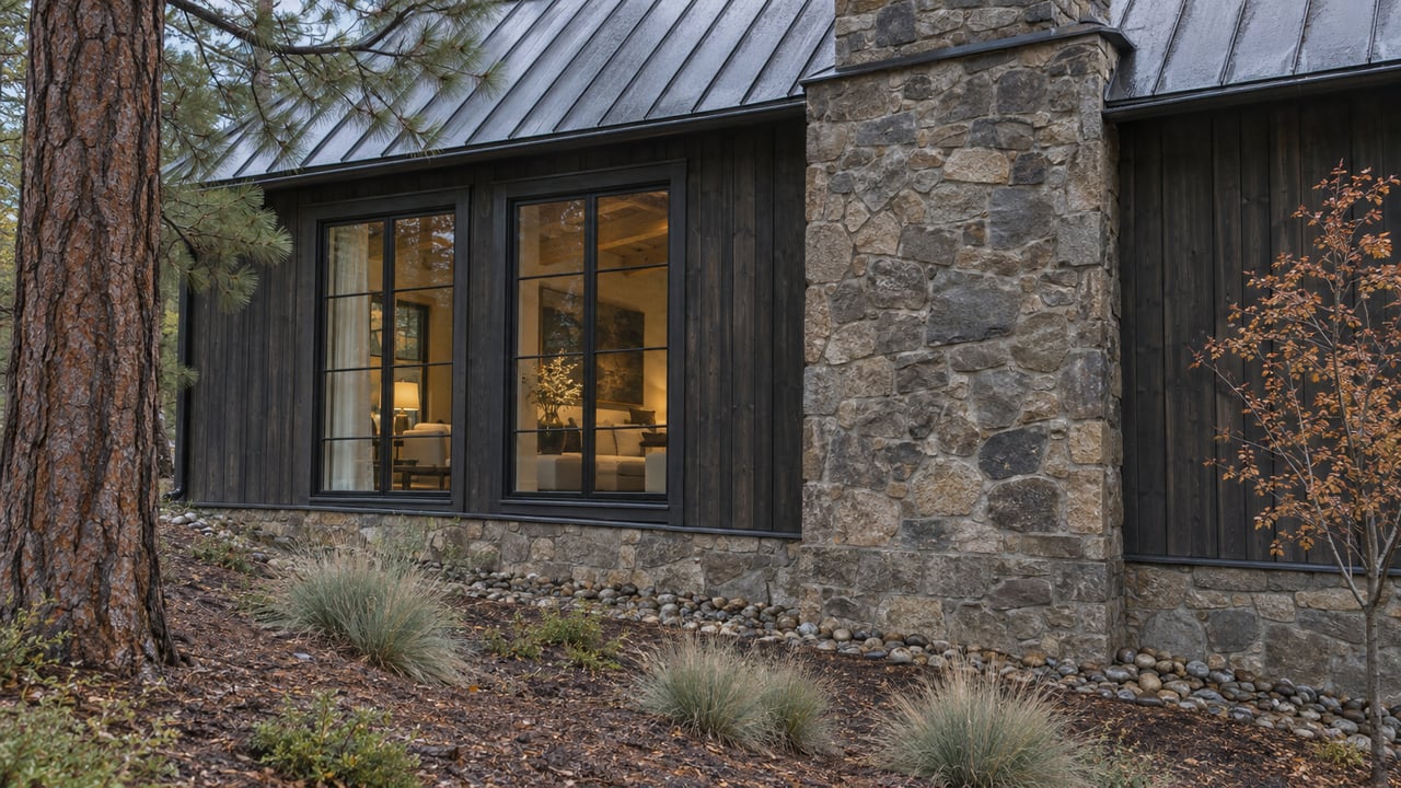 Dark timber house with paired glowing grid windows beside a fieldstone chimney, above a sloping planted bed.