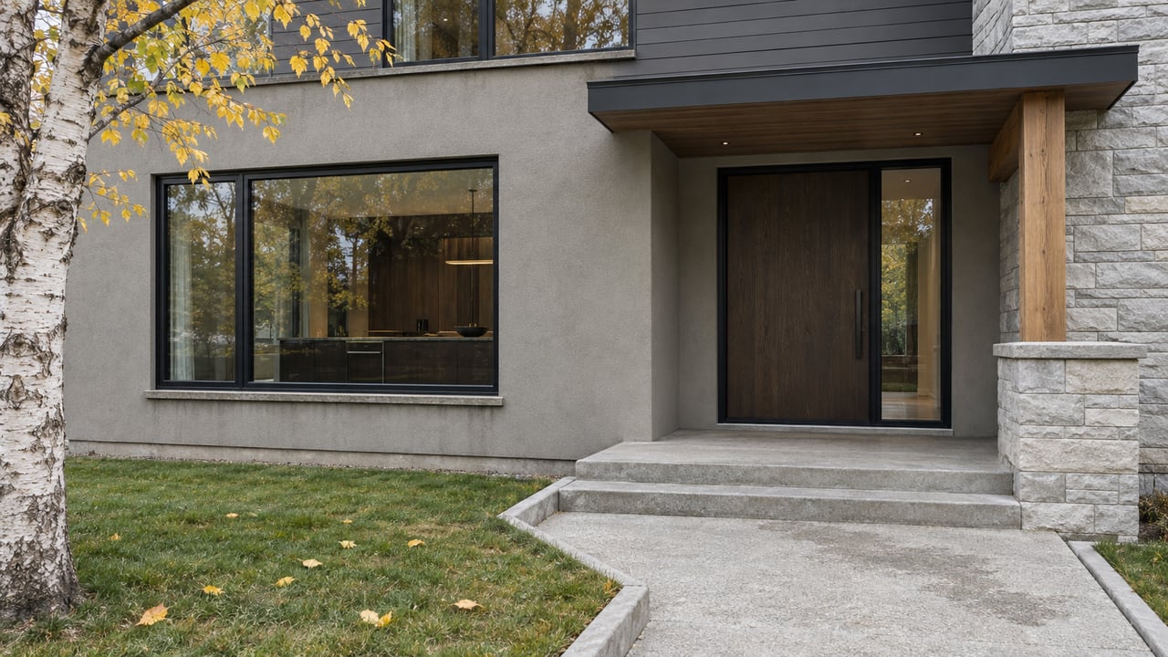 A contemporary detached home's recessed wood entry, limestone pier and black-framed windows beside an autumn birch and broad concrete approach.
