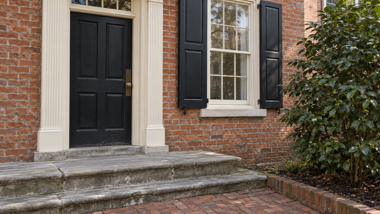 Historic brick townhouse entrance with a dark paneled door, cream wood trim, worn stone steps and a camellia beside the brick approach.