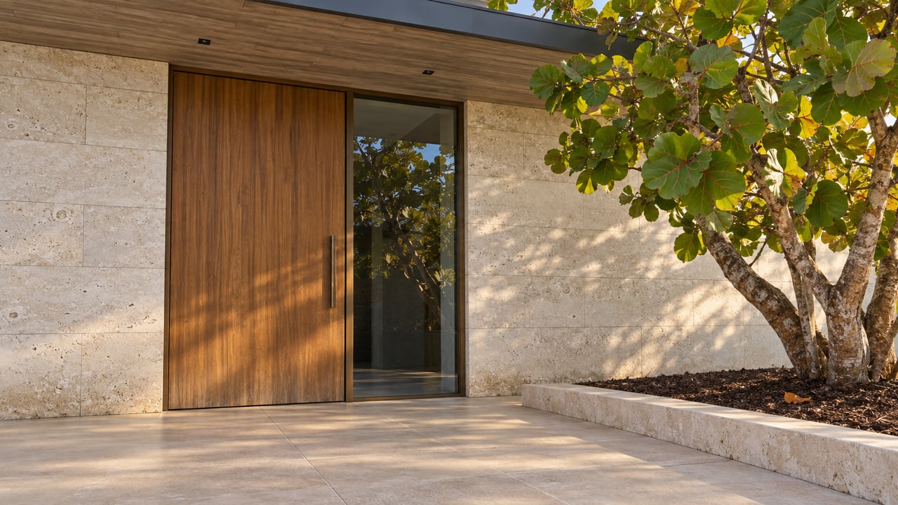 Close view of a contemporary limestone entrance with a teak pivot door, bronze-framed sidelight, and sculptural sea-grape tree.