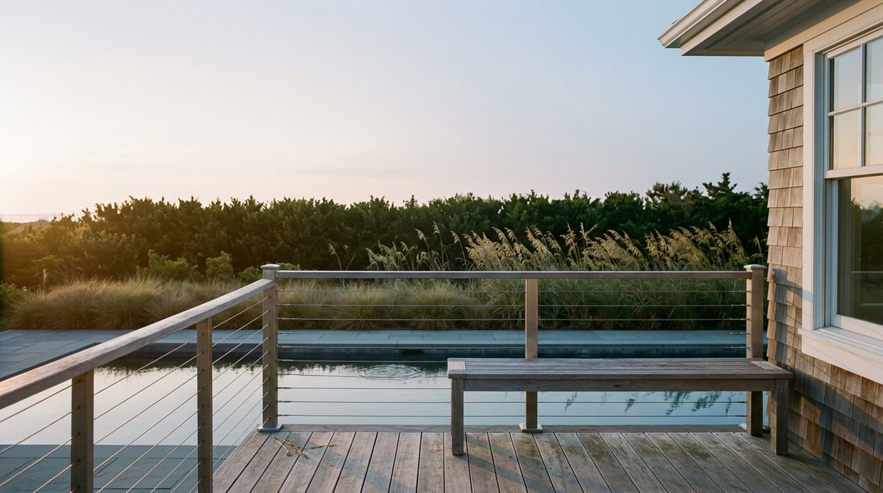 Deck overlooks a dawn-lit pool, cable railing, sea oats, and a shingled home corner.