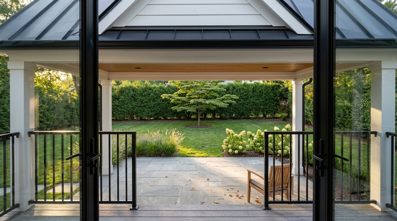 Raised view over a stone patio and rear lawn, with a branching katsura tree, clipped hedge, and scattered leaves.
