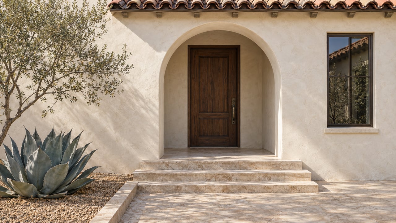 Arched walnut entry door in a stucco villa, beside a bronze-framed window and gravel bed with an agave.