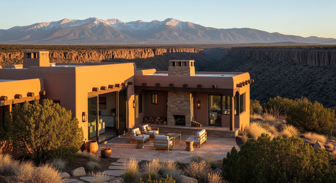 Modern adobe-style home with a furnished patio overlooking a deep canyon and distant mountains.