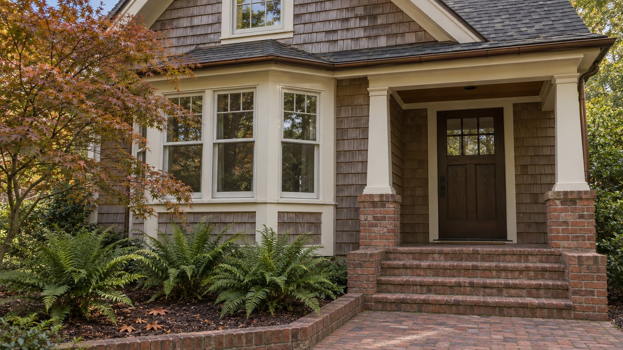 Weathered cedar shingles, ivory-trimmed bay windows, and a sheltered oak entry above worn brick steps, beside a russet Japanese maple and sword ferns.