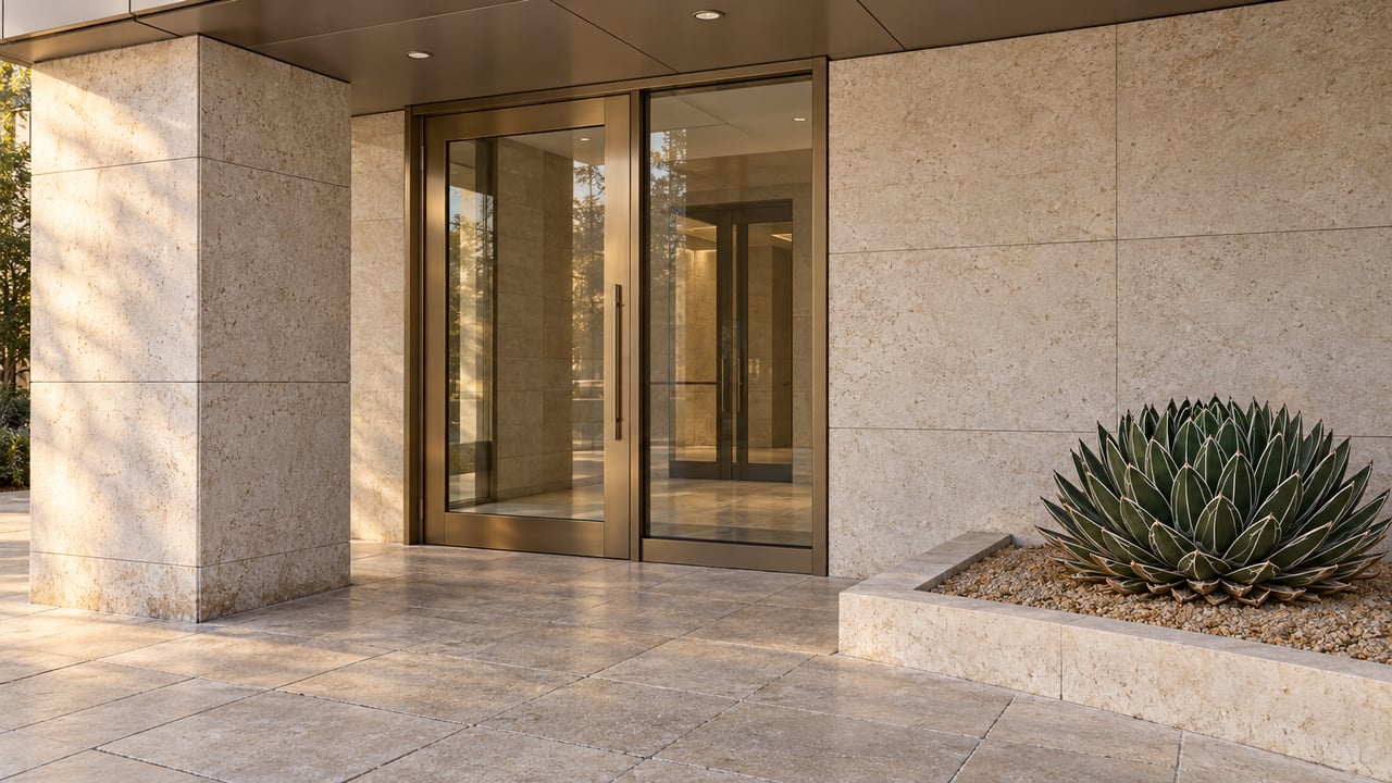 Sunlight grazes a limestone column and bronze-framed glass entrance beside a sculptural agave in a raised gravel bed.