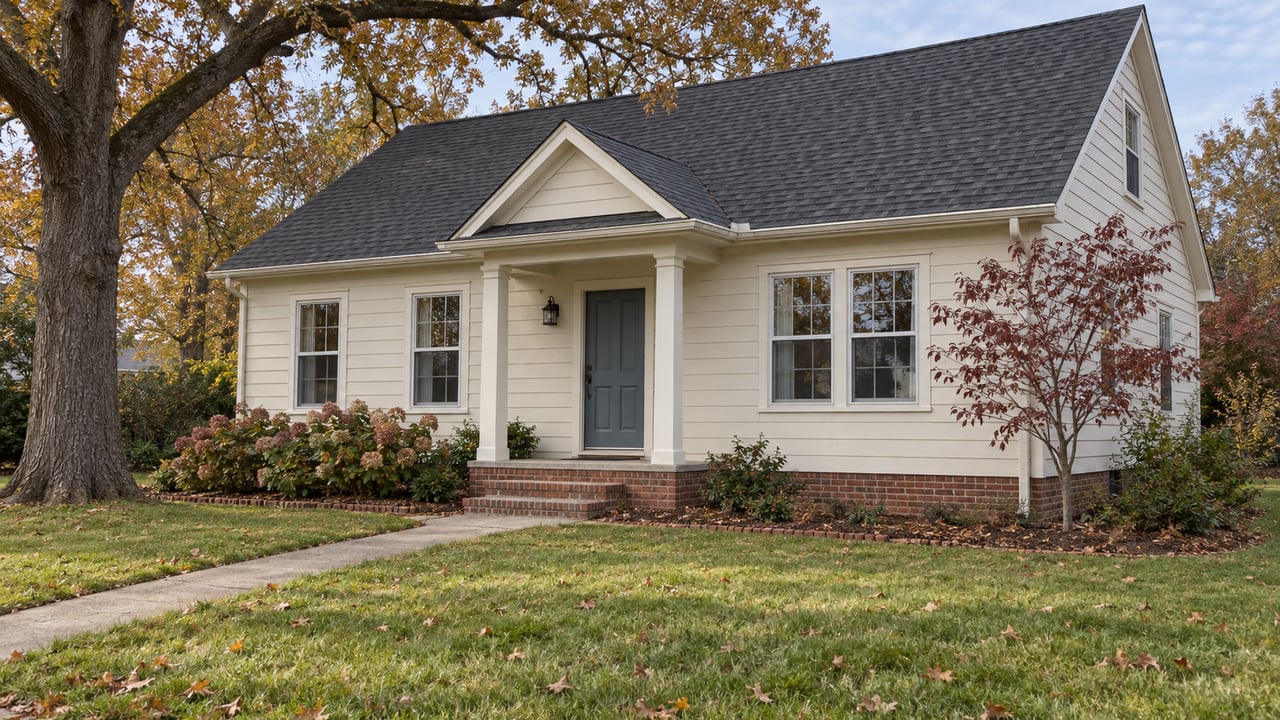 Ivory clapboard home with a brick foundation, blue-gray front door, and deep autumn lawn beneath mature oak branches.