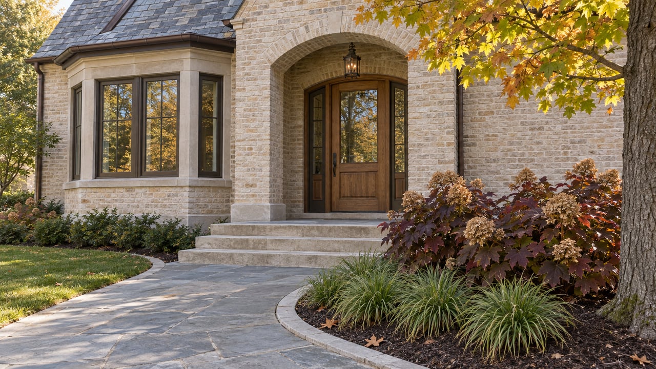 Autumn morning light on a pale brick home's oak entrance, limestone steps, and oakleaf hydrangeas.