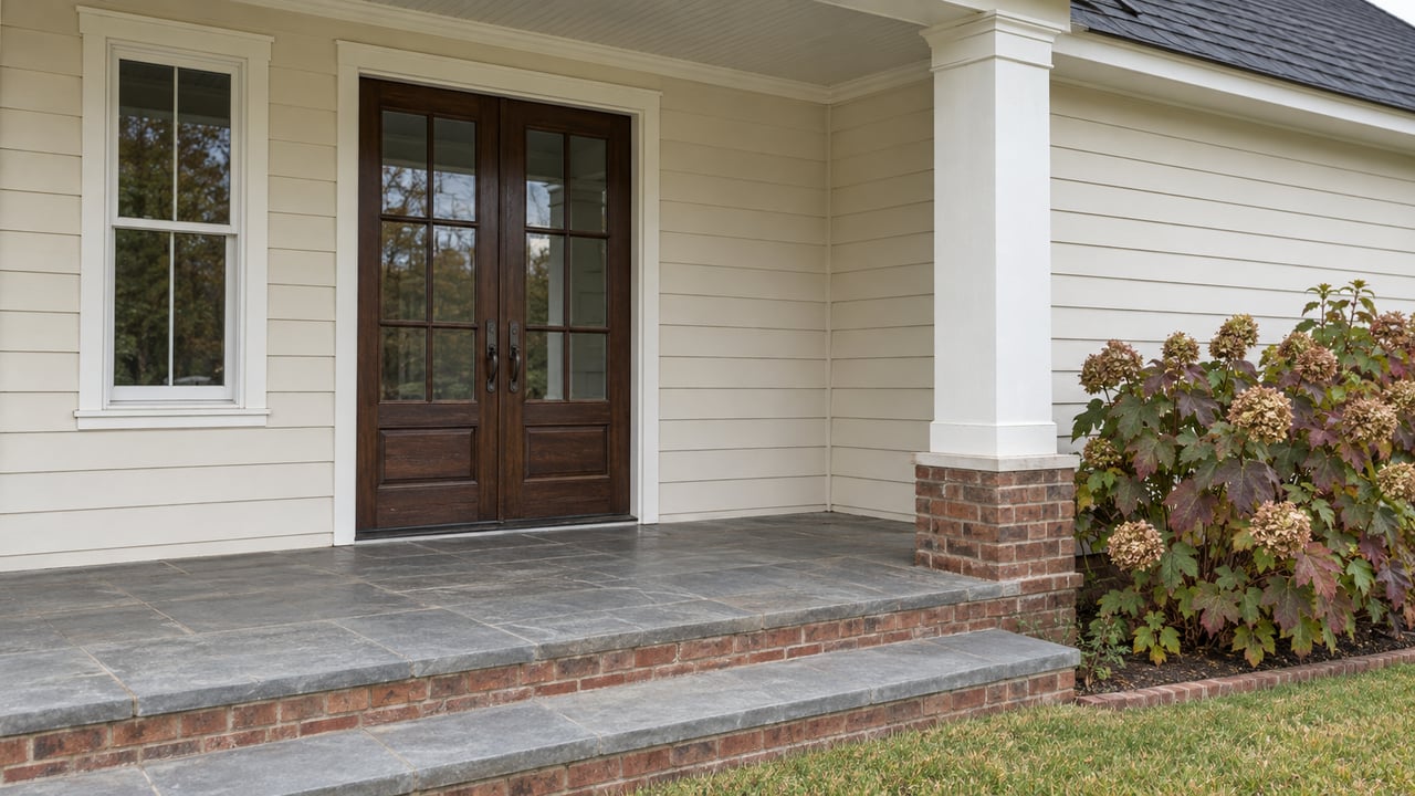 An established home's covered entry with paired wood-and-glass doors, cream clapboards, limestone steps and autumn oakleaf hydrangea.