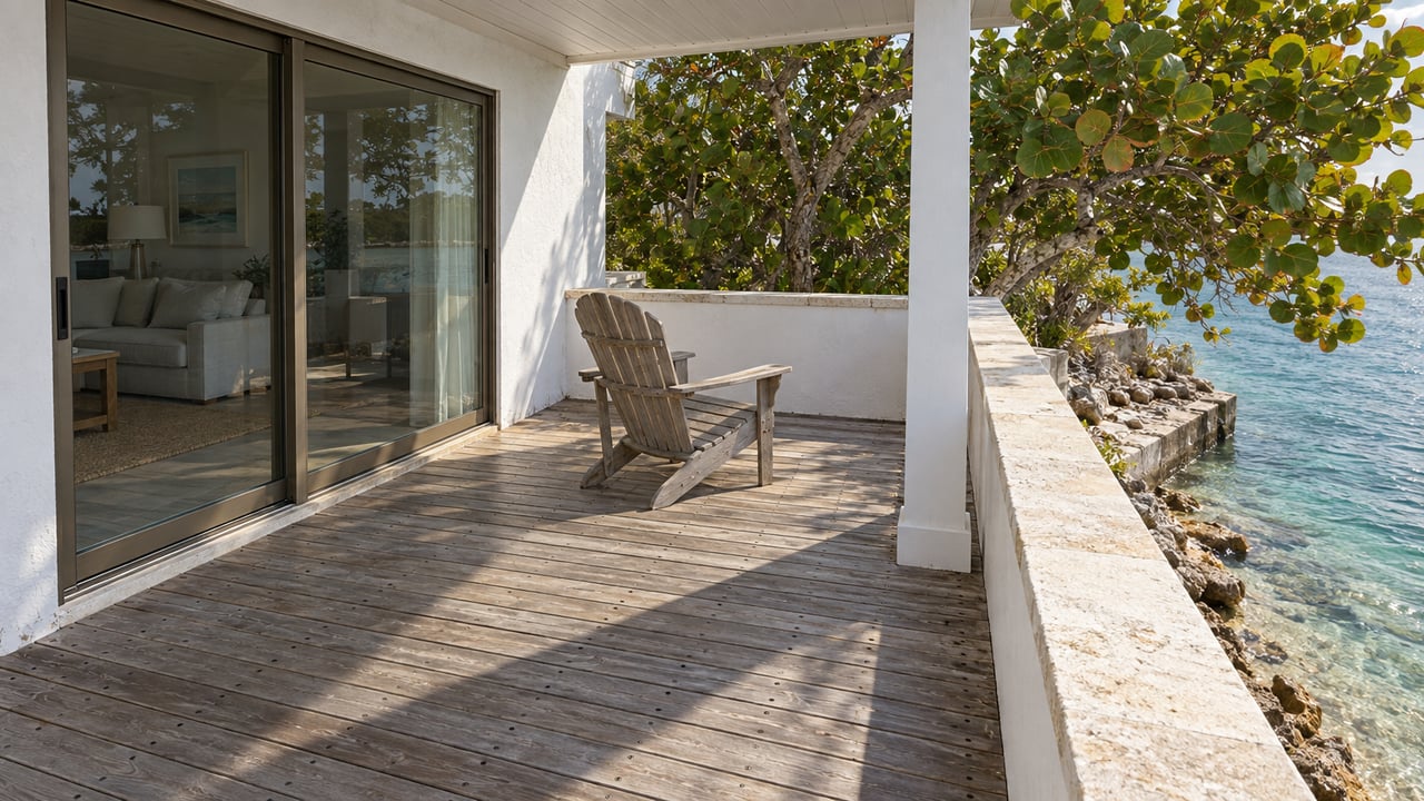Salt-weathered timber veranda with a teak chair, white stucco walls and bronze sliding doors overlooking turquoise shallows beside a sea grape tree.