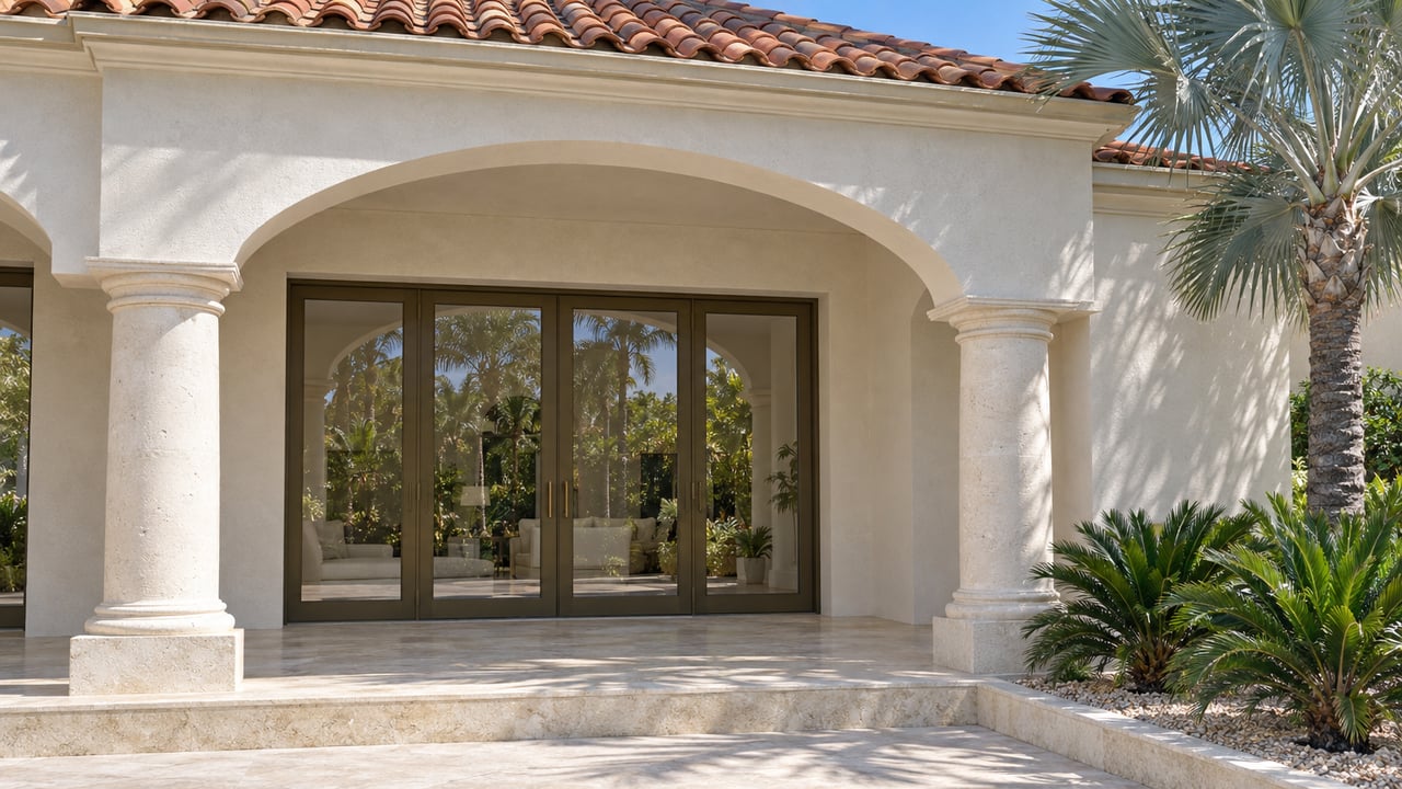 Sunlit white stucco loggia with terracotta roof, paired columns, bronze-framed glass doors and silver fan palm.