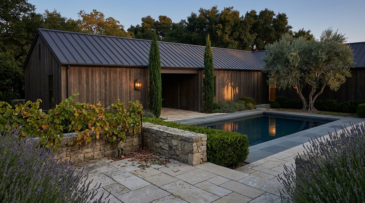 Courtyard pool beside a dark cedar gabled home, with an olive tree and warm sconce light at dusk.