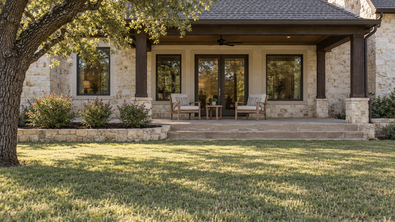 A limestone and light-stucco home with an enclosed covered terrace, weathered teak seating, and a deep lawn beside a mature live oak.