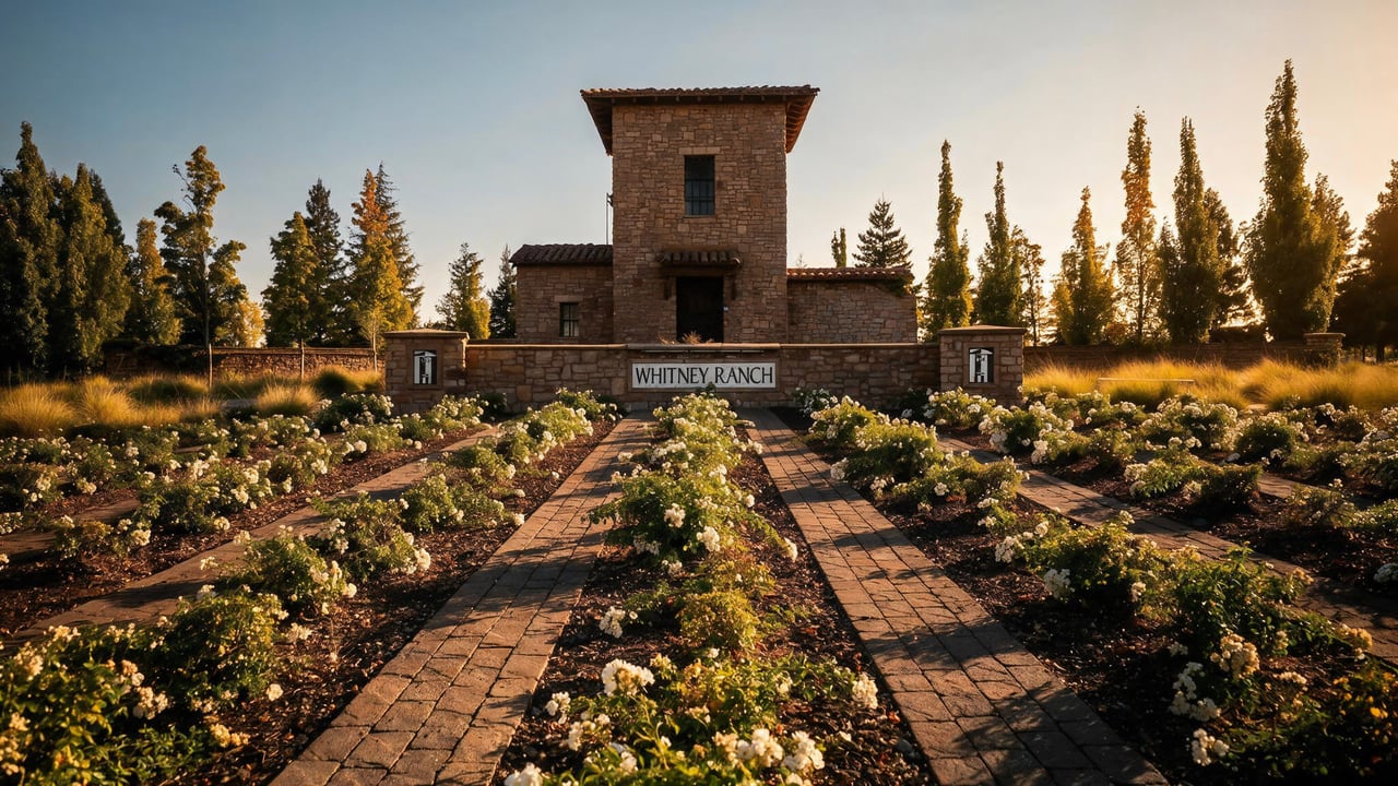 Whitney Ranch entrance monument with a stone tower, landscaped flower beds, and brick walkways.