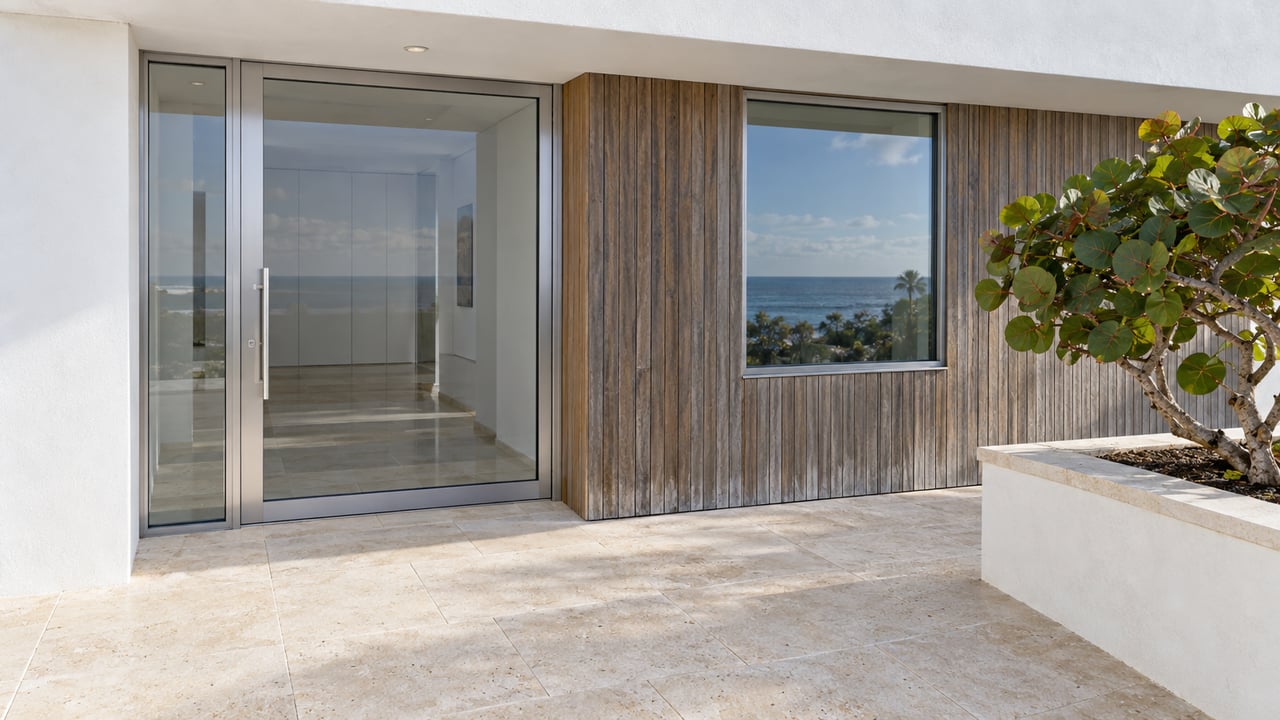 Sunlit elevated entry with white stucco, silvered wood cladding, a closed glass door, limestone paving and a single sea grape specimen in a masonry planter.