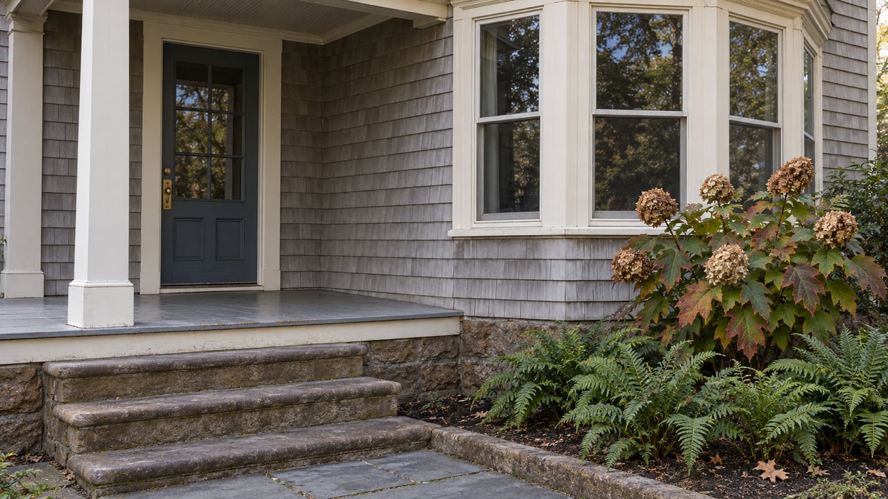 Gray shingled house with a cream-trimmed bay window, slate-blue porch door, brownstone steps, and autumn oakleaf hydrangea.