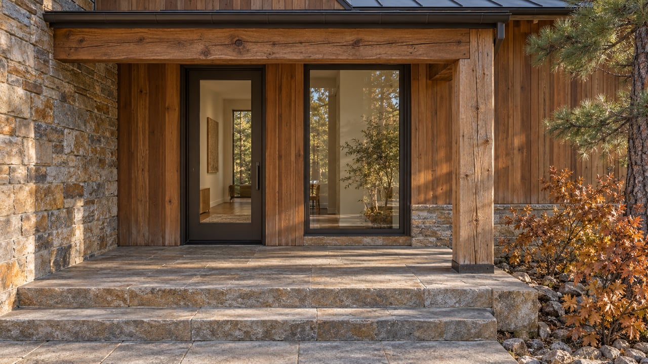 Timber-covered home entry with cedar siding, sandstone steps, bronze-framed glazing and copper-colored oak leaves.