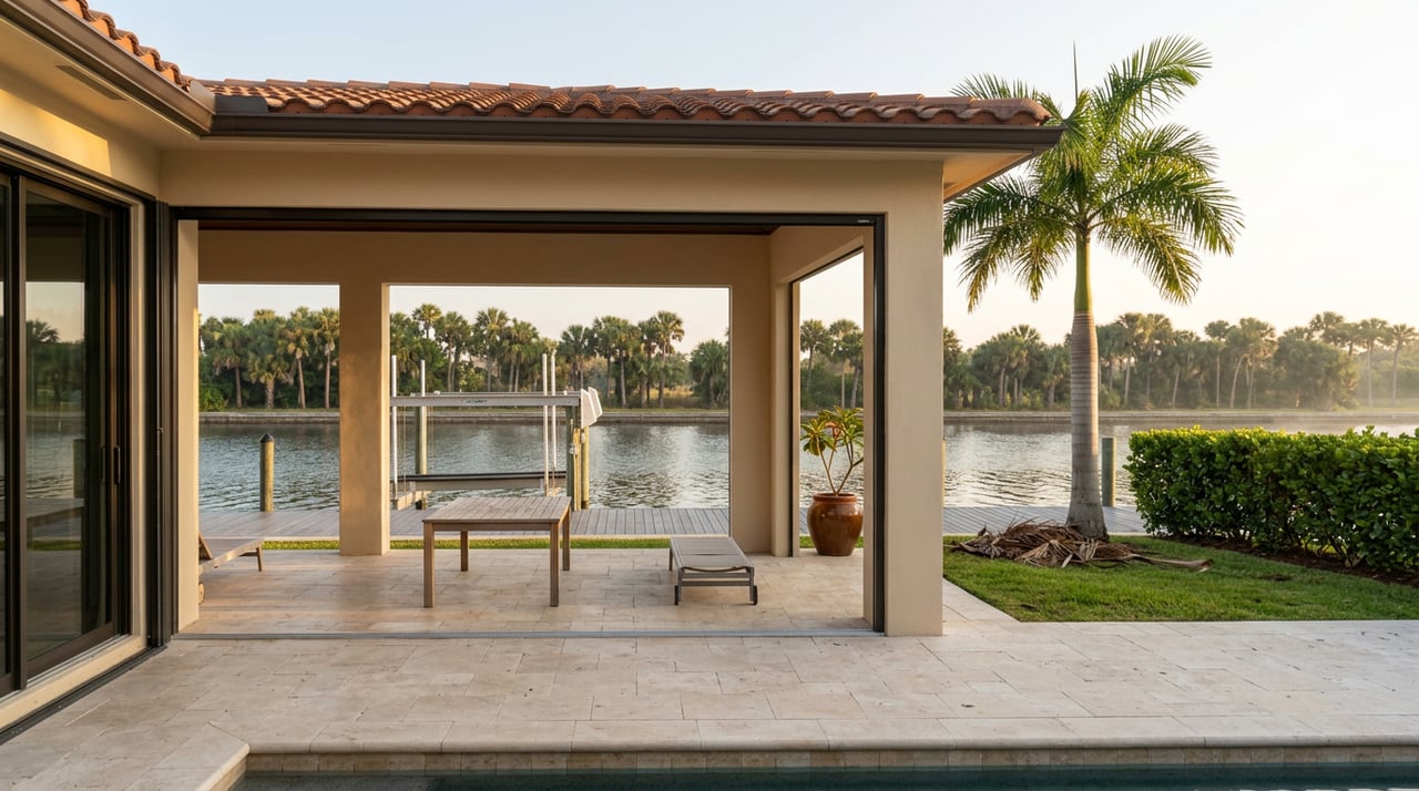 Travertine terrace framed by stucco columns, with a teak table, royal palm, and canal beyond.