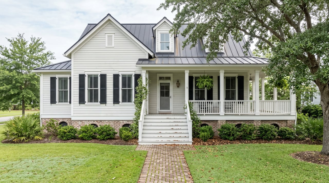Raised white cottage with black shutters, a broad porch, brick piers, and a live oak shading the lawn.