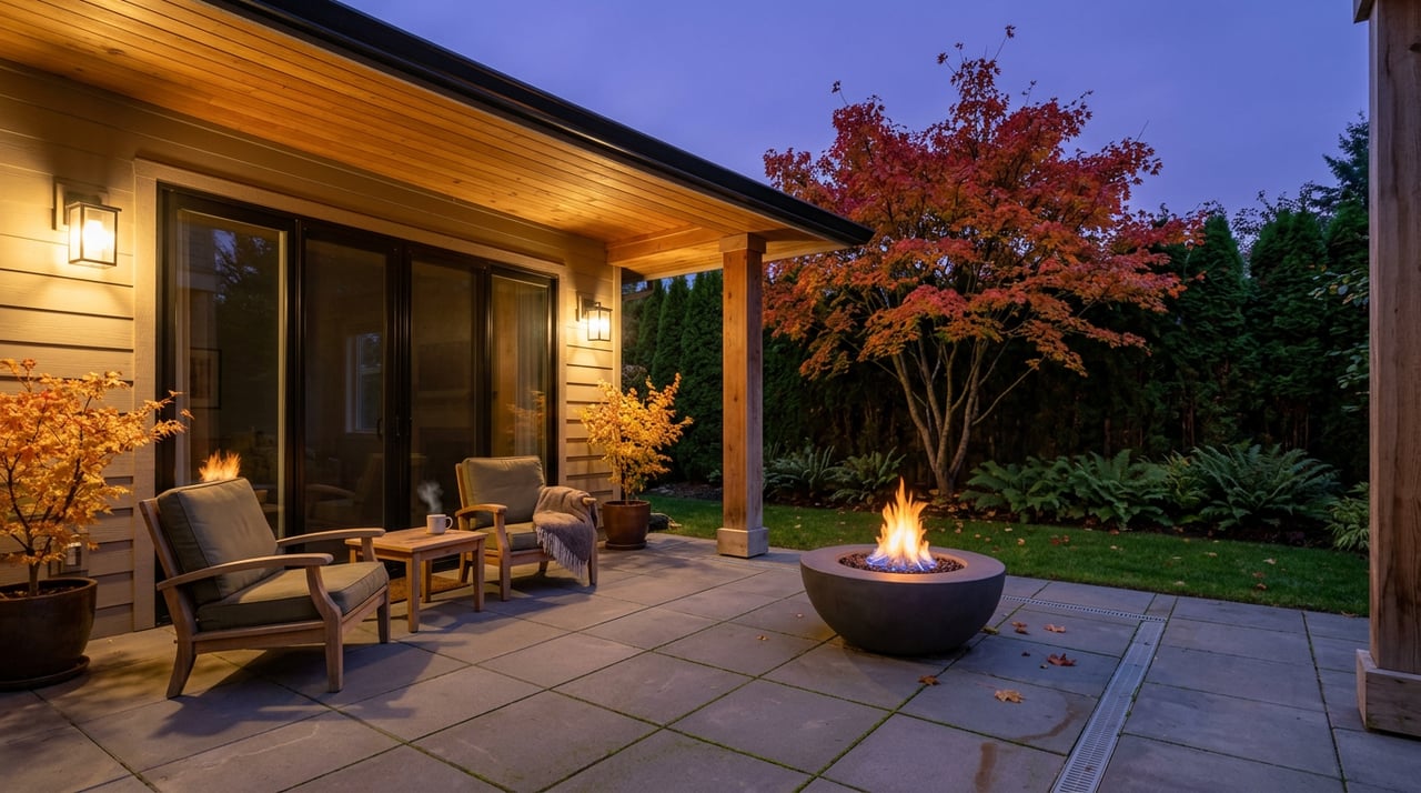 Covered patio with a glowing concrete fire bowl, lantern-lit sliding doors, teak chairs, and scarlet autumn maple.