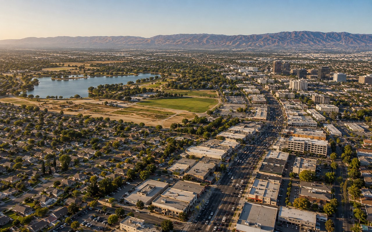 Aerial view contrasting Lake Balboa and Sherman Oaks neighborhoods in the San Fernando Valley