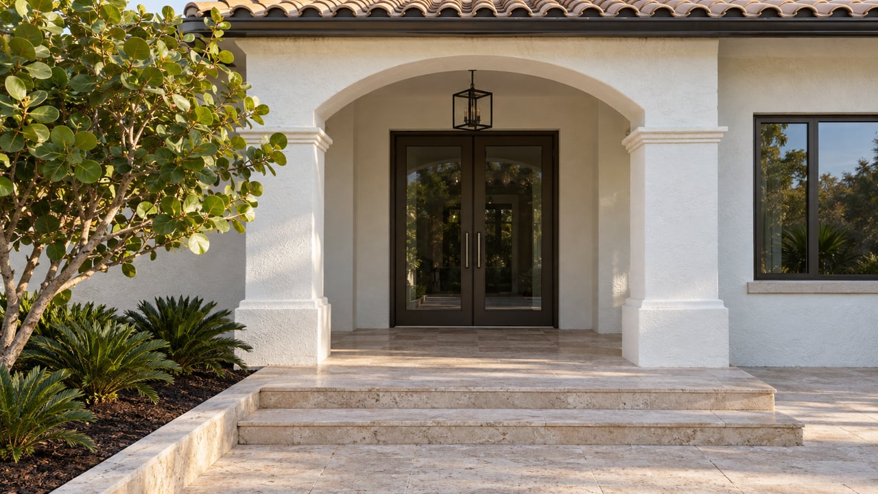 White stucco home entry with a beige tile roof, bronze-framed double doors, limestone steps and sculptural coastal planting.