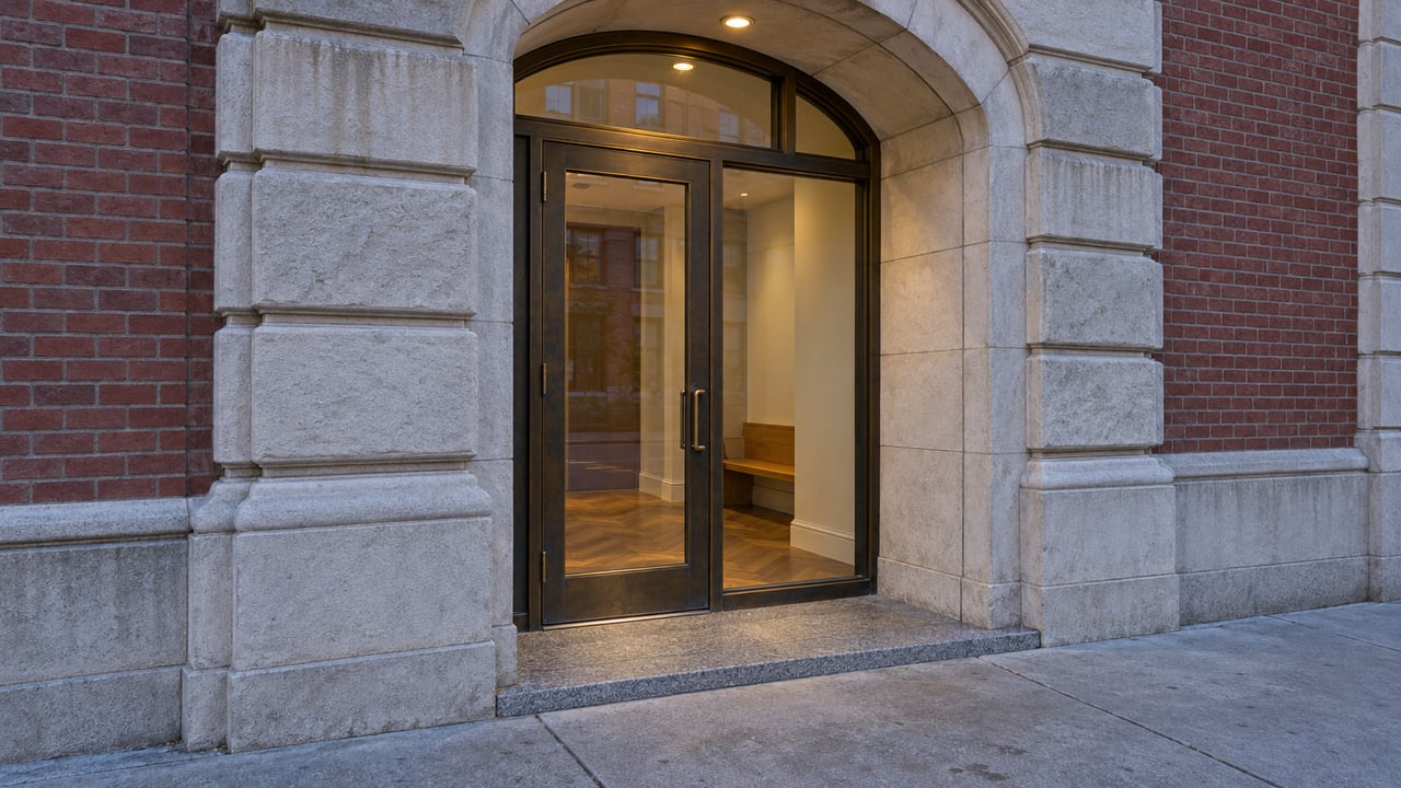 A recessed bronze-and-glass apartment entrance framed by weathered limestone and dark red brick at blue hour.