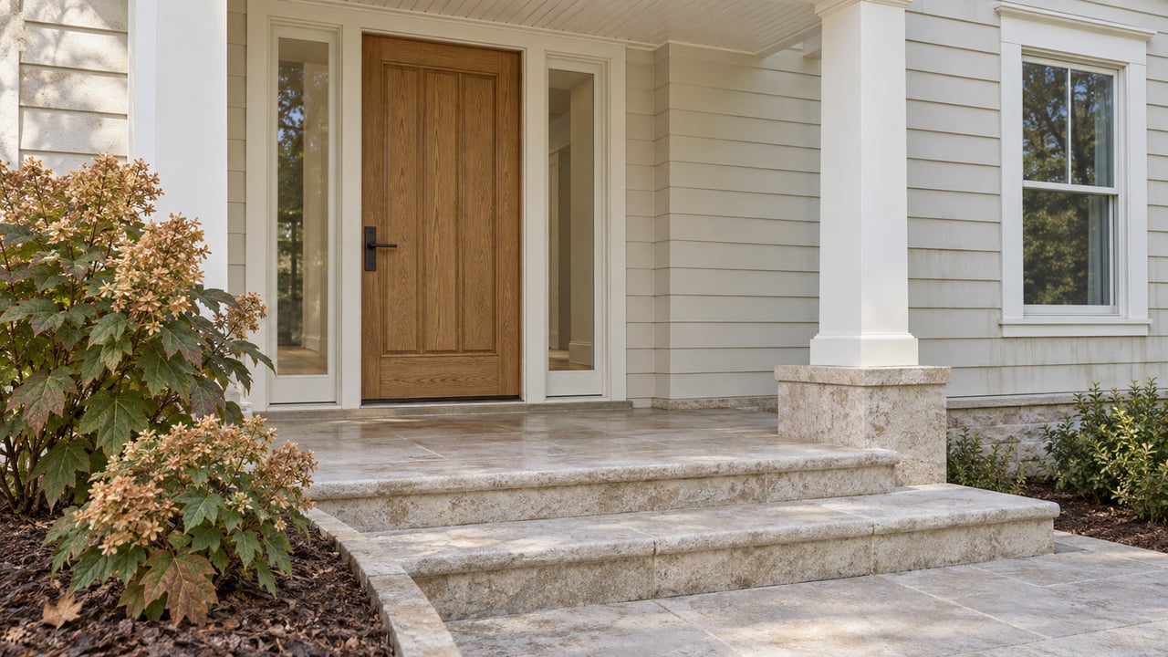 House entrance with a wooden front door, glass sidelights, broad stone steps, and landscaped shrubs.