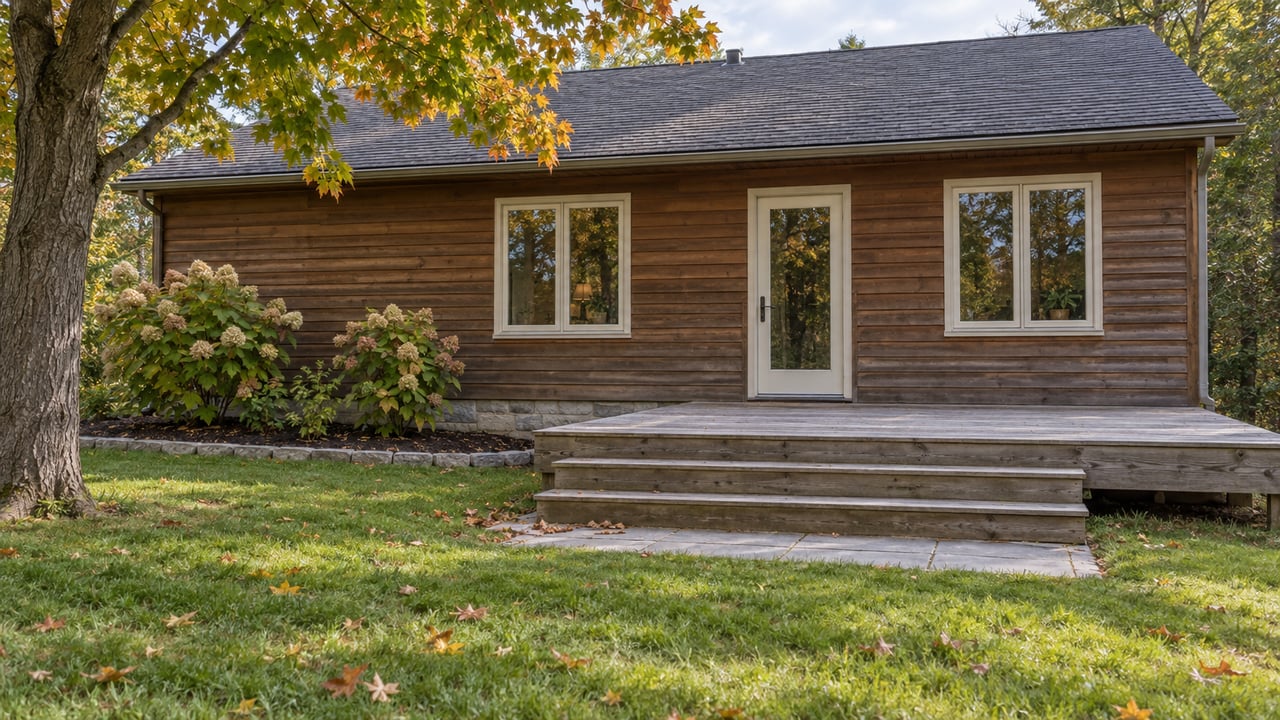 Weathered cedar-sided home with a low timber deck, limestone landing and maple tree beside an autumn lawn.