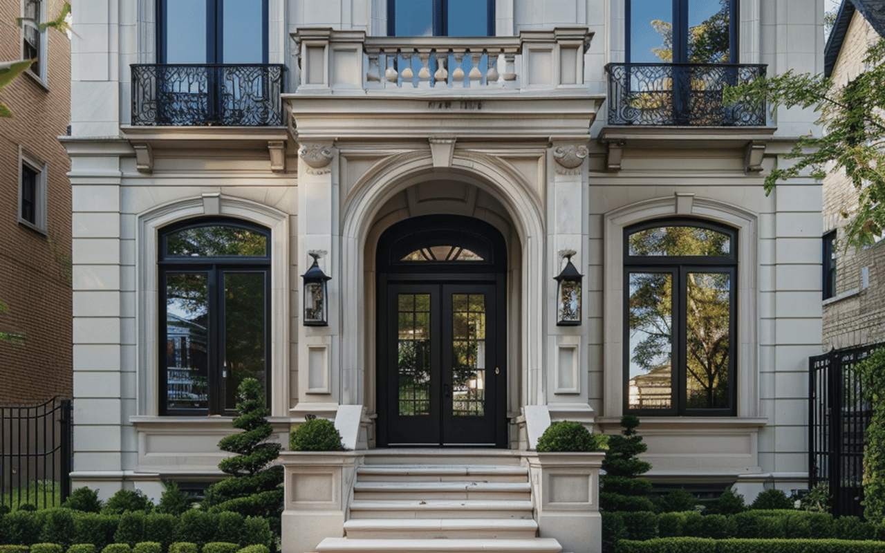 Stone house with a grand arched entrance, black double doors, and decorative iron balconies.