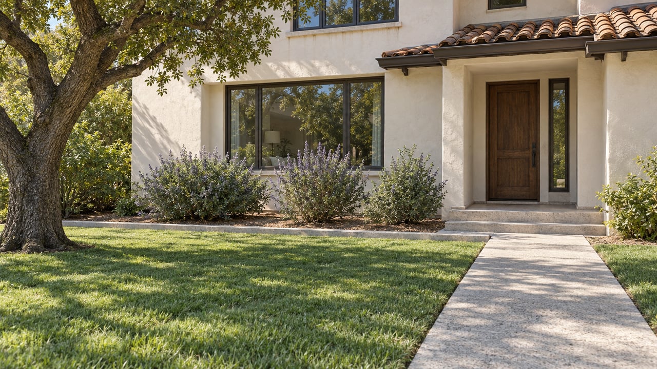 Warm stucco home with terracotta roof tiles, a recessed walnut entry, bronze-framed windows, and a concrete approach across a green front lawn.