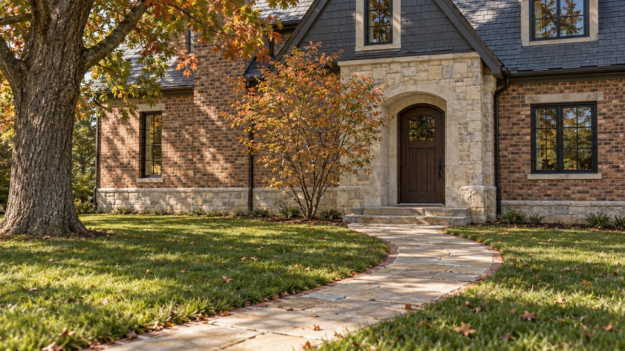 Brick house entry with a stone arch, curving limestone path, and mature oak beside the lawn.