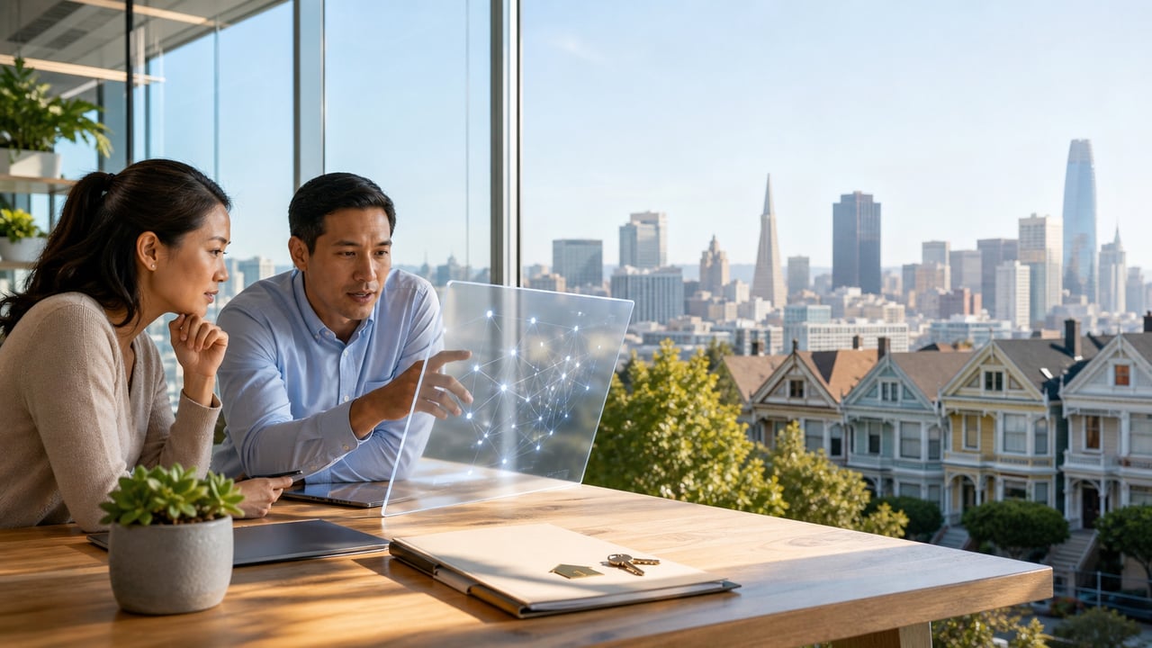 AI professionals reviewing technology beside San Francisco homes and house keys