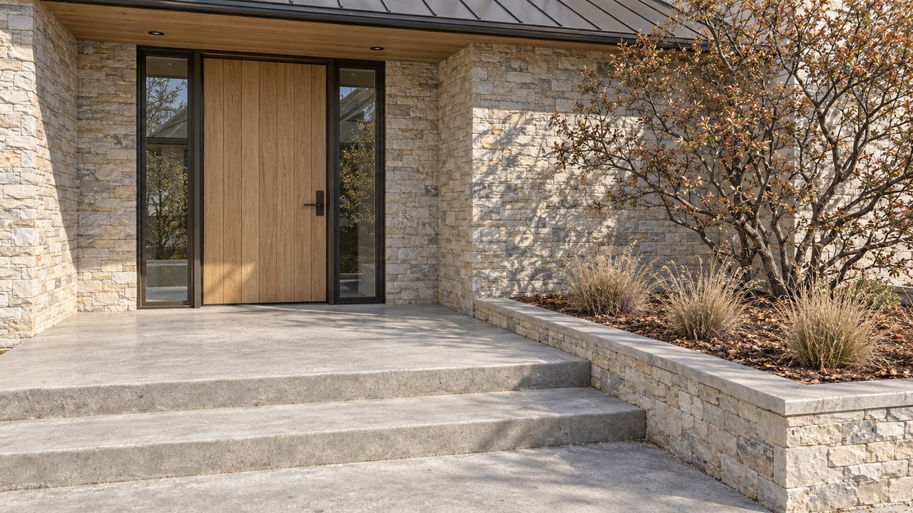Limestone and cedar entry with a white-oak door, paired bronze sidelights, concrete steps, and a raised bed of mountain mahogany and blue grama.