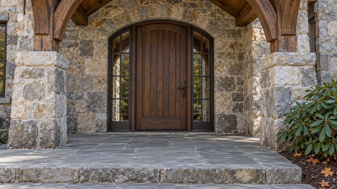 Weathered stone arch surrounding an oak entry door with paired glass sidelights, above a flagstone landing beside a rhododendron.