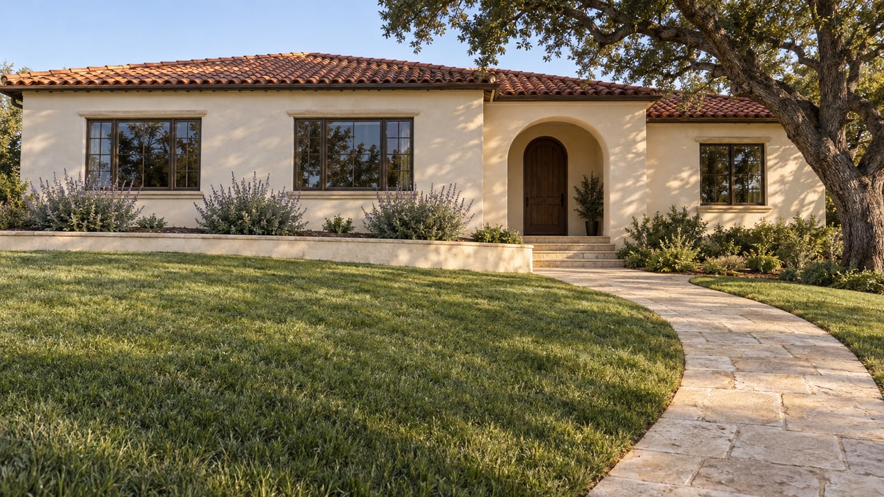 Cream stucco home with a red tile roof, arched entry and limestone approach beyond a broad lawn beneath a mature oak.