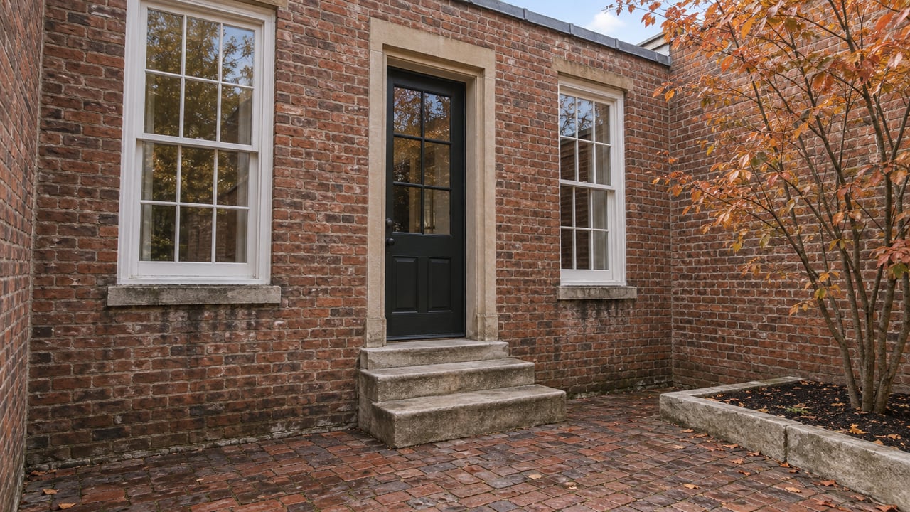 Historic brick townhouse rear with white sash windows, a recessed glazed door, limestone steps, and a small tree.