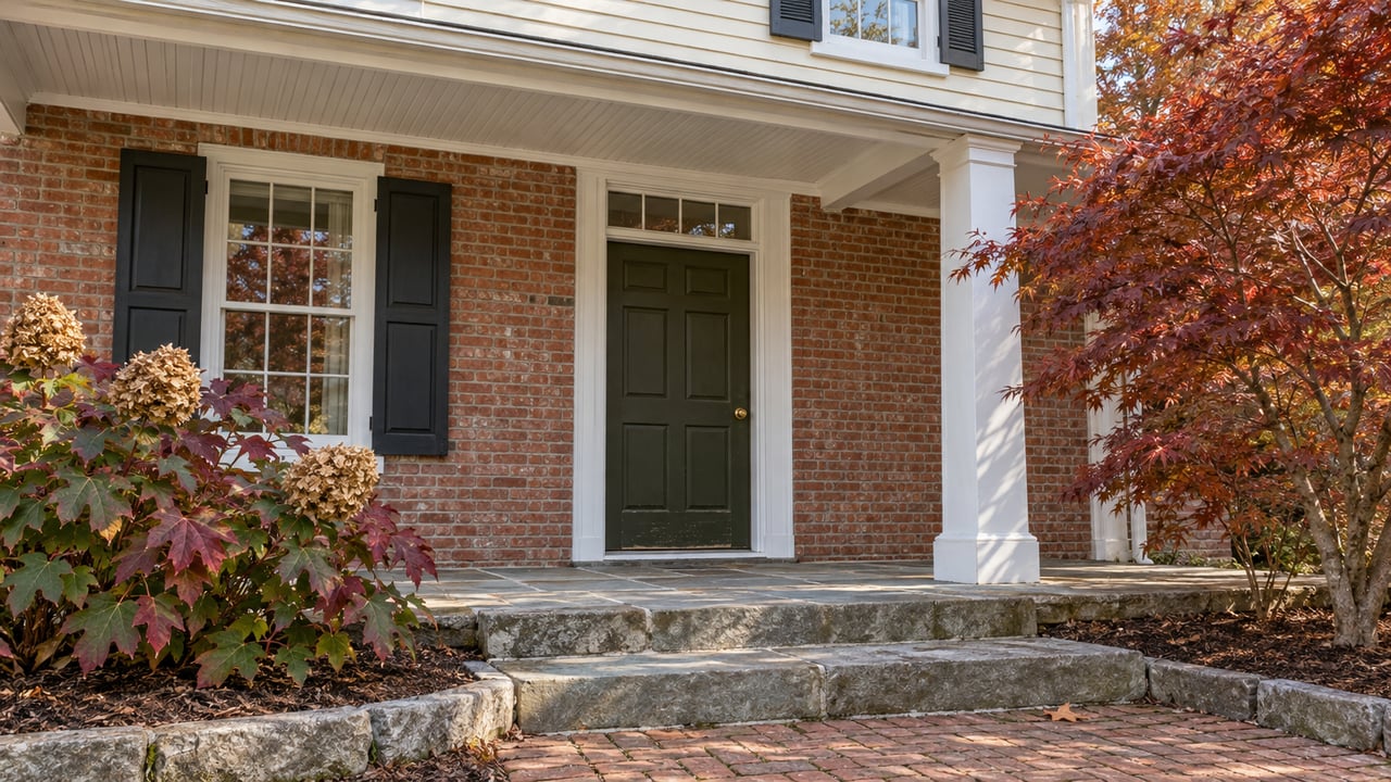 Covered brick house entrance with a dark olive door, white trim, flagstone steps and autumn oakleaf hydrangea and Japanese maple.