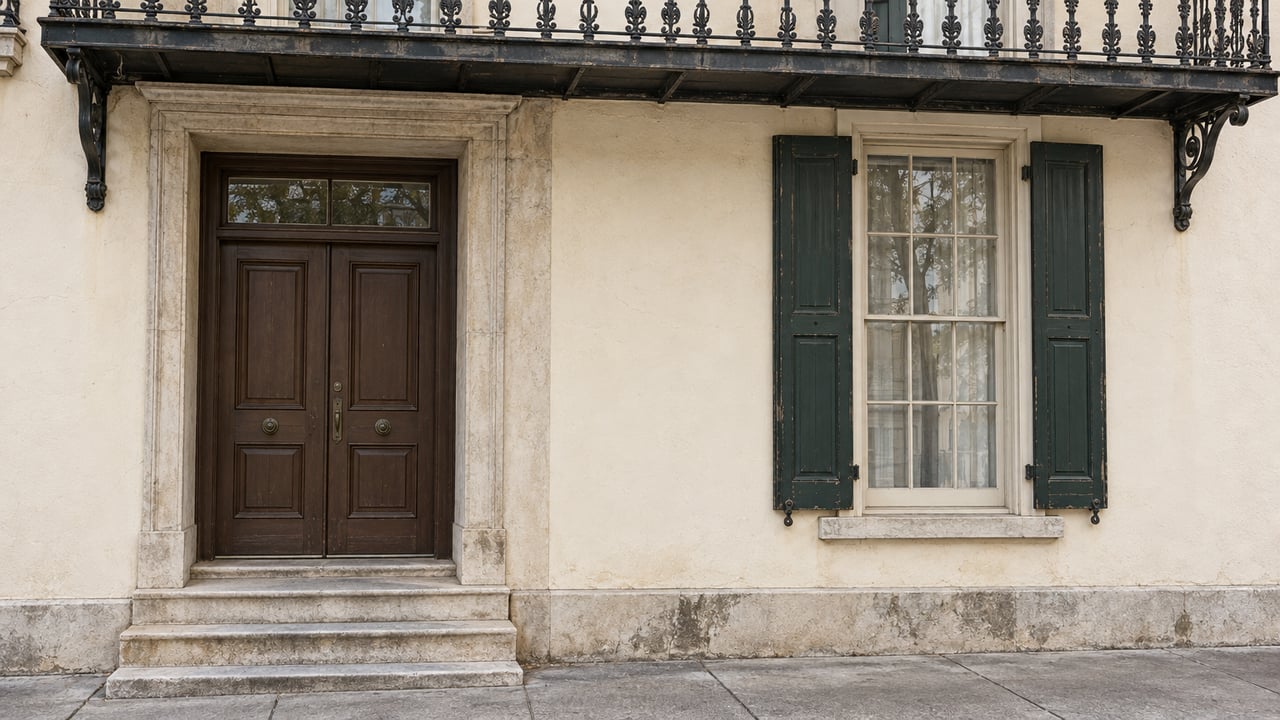 Ivory stucco townhouse entrance with worn limestone steps, dark timber doors, green shutters, and a cast-iron balcony.