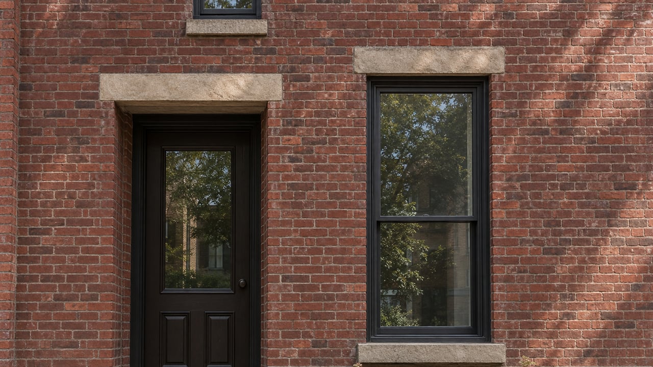 Dark-red brick townhouse with a recessed wood door, sash windows, limestone steps, and an oakleaf hydrangea.